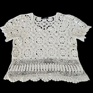 Denim 24/7 Crochet Top Sz 1X White Short Sleeve Pullover Boho Soft Girl Indie